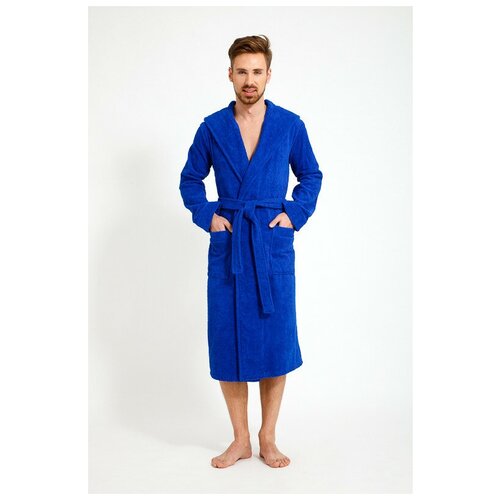 Синий махровый банный мужской халат с капюшоном