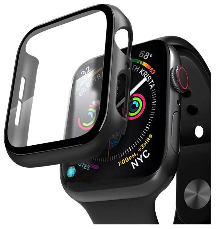 Защитный противоударный чехол+стекло для корпуса Apple Watch Series 4, 5, 6, SE 44 мм, черный