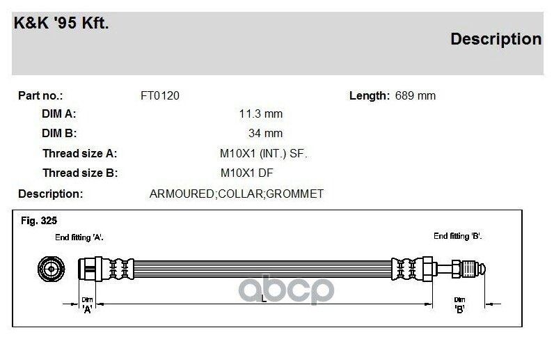 K&K FT0120 Шланг тормозной VW TOUAREG (7LA, 7L6, 7L7) 2002- передний \ FT0120 K&K