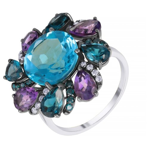 фото Jv кольцо из белого золота 585 пробы с бриллиантами, топазами и аметистами r28210-ko-dl-am-bt-wg, размер 17.25