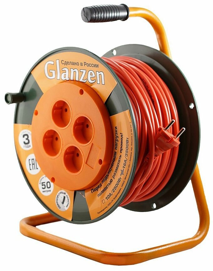 Удлинитель силовой на катушке GLANZEN 4 гнезда ПВС 2х2,5, EB-50-008, 00-00000525