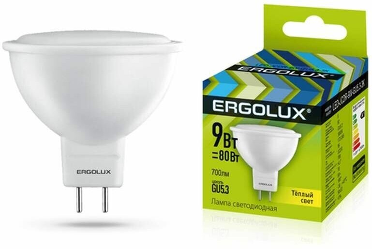 Лампочка светодиодная Ergolux, 9Вт 220В, цоколь GU5.3, теплый свет 3000К, 1 шт.