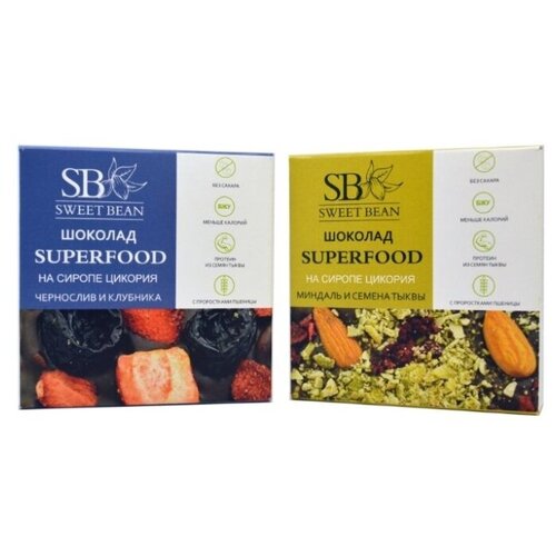 фото Набор изделий из шоколада на сиропе цикория "чернослив и клубника" + "миндаль и семена тыквы" sweet bean superfood, без сахара