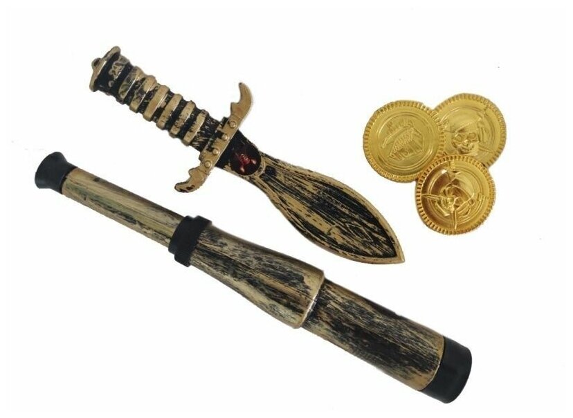 Набор пирата пластиковый: Подзорная труба, нож, монеты для пираткой вечеринки — фото 1