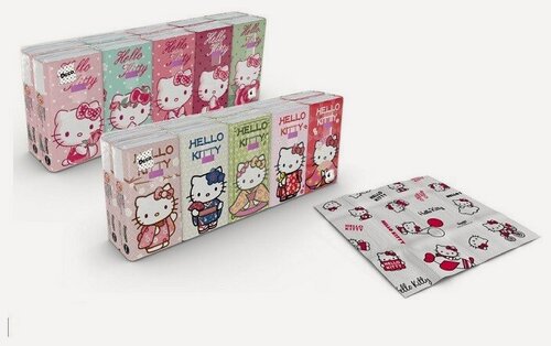 Изображение товара Бумажные платочки World Cart "Hello Kitty", 4 слоя, 10 пачек, 9 листов, 21х21 см, 238 г
