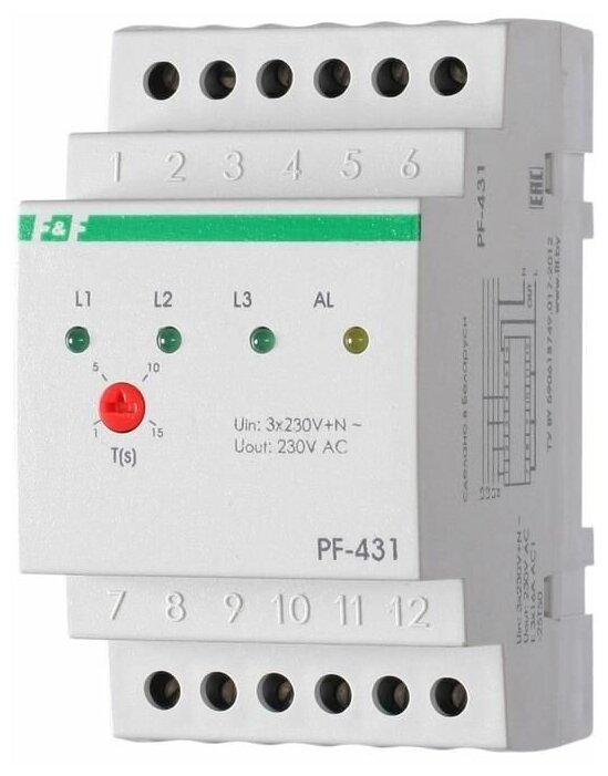 Переключатель фаз PF-431 (с приоритетной фазой; монтаж на DIN-рейке 35мм 3х400/230+N 3х16А IP20) F&F EA04.005.001