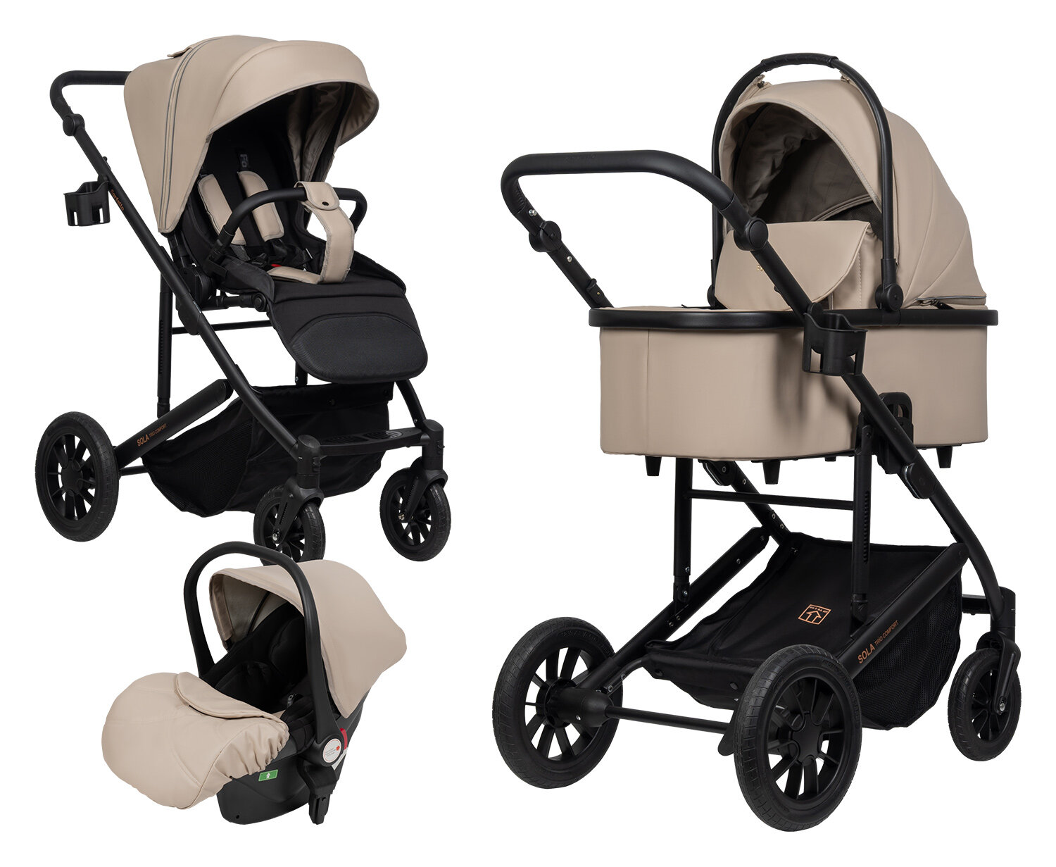 Коляска 3 в 1 для новорожденных всесезонная Farfello Соло Трио Комфорт/Sola Trio Comfort, экокожа бежевый