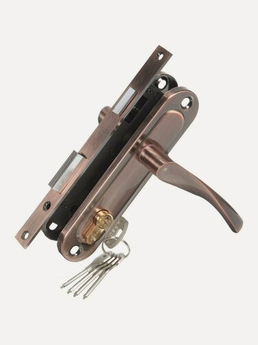 Изображение товара Замок врезной Apecs 1223/60-AС, 16815, цилиндровый, с ручкой в комплекте, цвет медь, межосевое расстояние 70 мм, 5 ключей