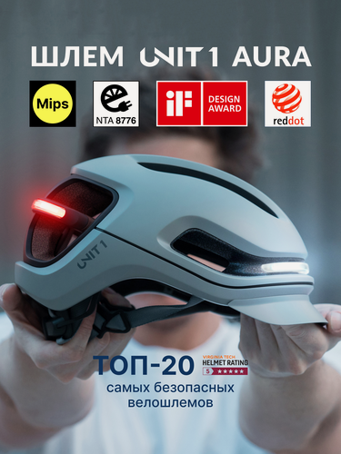 Изображение товара Велошлем UNIT 1 AURA умный, с подсветкой, стоп-сигнал, указатели поворота, MIPS, 5 звёзд безопасности Virginia Tech