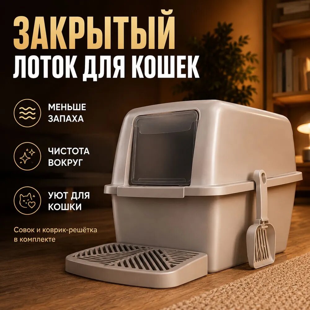 Туалет-домик для кошек закрытый с совком и ступенькой, кошачий лоток с дверцей и решеткой, серый