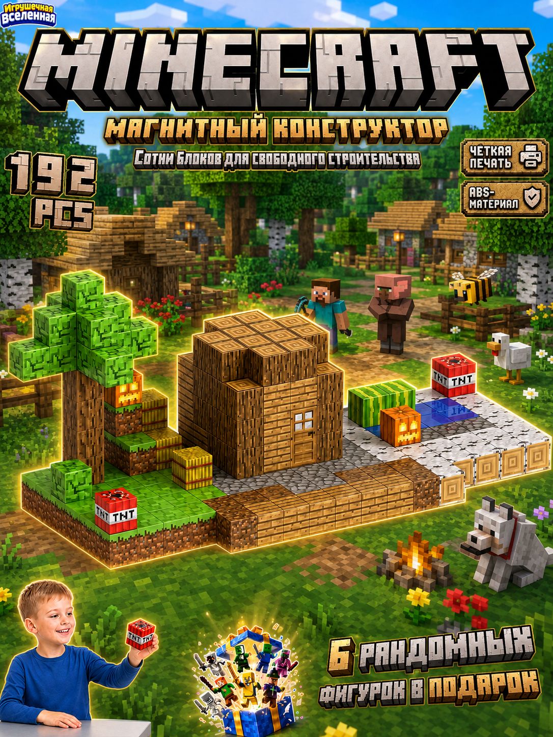 Магнитный конструктор, Майнкрафт, Minecraft, 192 кубика, 6 фигурок, в цветной коробке, мозаики игрушечные
