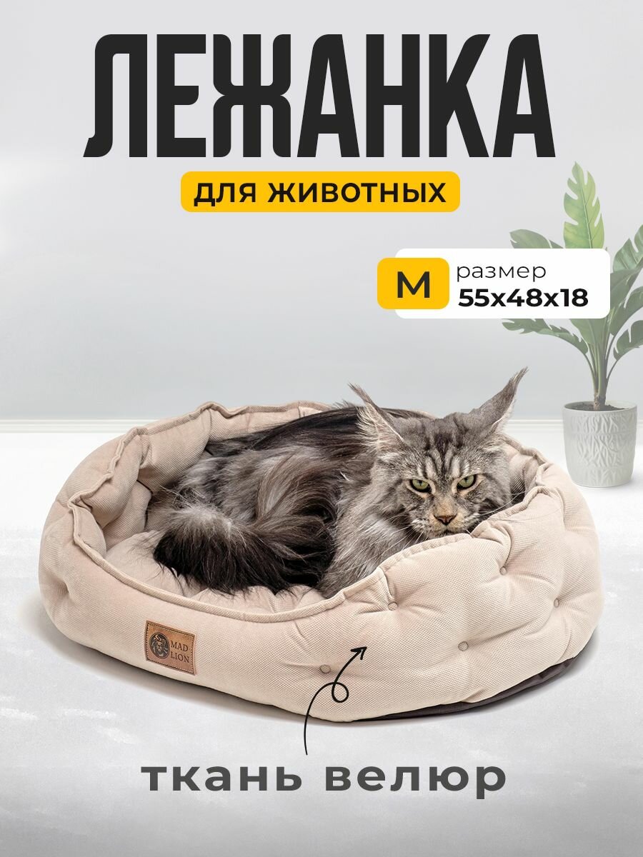 Лежанка для кошек и собак мелких и средних пород с бортиками Mad Lion Велюр 55х48 см