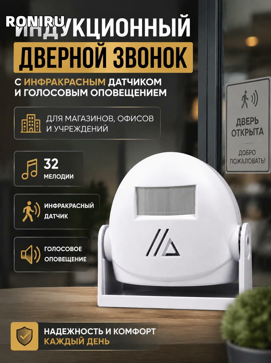 Индукционный дверной звонок с инфракрасным датчиком и 32 мелодиями — для магазинов, офисов и учреждений с голосом
