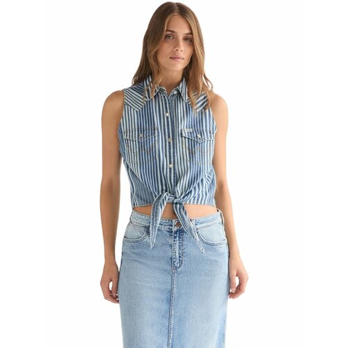 фото Рубашка wrangler women sleeveless tie front shirt, размер m, синий