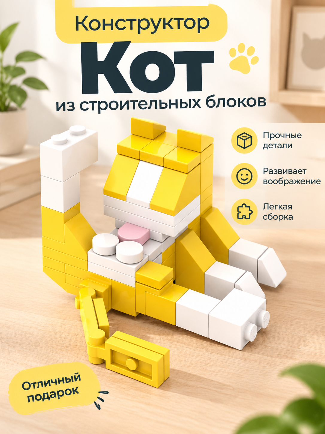 Детский конструктор Кот из строительных блоков, сборная модель кота для творчества