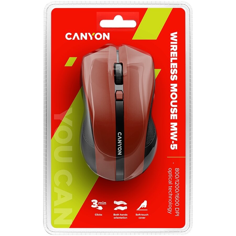 Беспроводная мышь CANYON 2.4GHz wireless Optical Mouse with 4 buttons, DPI 800/1200/1600, Red, 122*69*40mm, 0.067kg