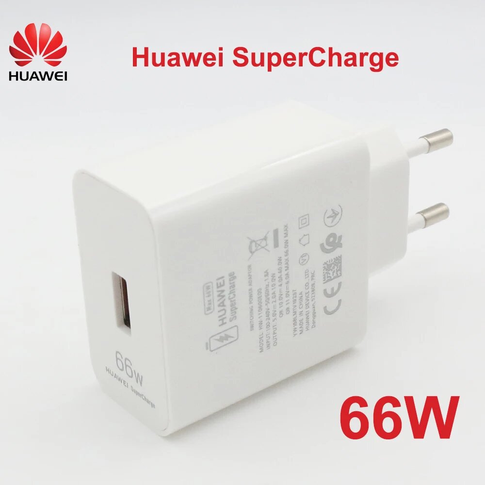 Оригинальное Сетевое зарядное устройство HUAWEI 66 Вт с суперзарядкой, быстрая USB зарядка для путешествий, кабель 6 А типа C для Mate 50 40 30 P40 Pro Nova8 P 60 50 40, EU Set With Package — фото 1