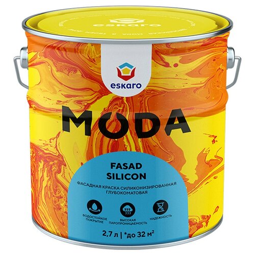 Краска акриловая фасадная ESKARO Moda Fasad Silicon база TR 2,7л бесцветная краска фасадная по дереву eskaro veranda масляно акриловая база tr бесцветная 2 7 л