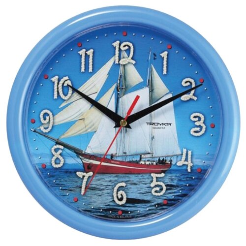 фото Часы настенные troyka 21241250, круг, голубые с рисунком "парусник", голубая рамка, 24,5х24,5х3,1 см тройка