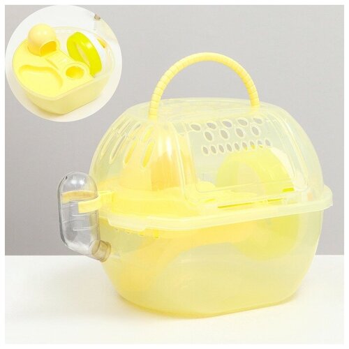 Переноска для грызунов Carno с домиком, полкой, поилкой, 29х23х23 см, жёлтая