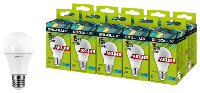 Лампа светодиодная Ergolux LED-A60-15W-E27-4K комплект из 10 шт