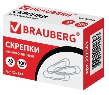 Скрепки Brauberg 28 мм, оцинкованные, 100 шт (227583)