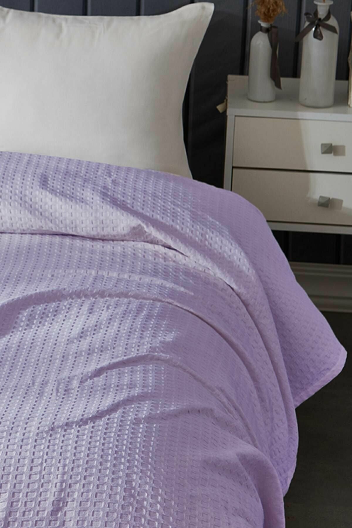 Покрывало вафельное на кровать/диван, хлопковый плед, Турция, 100% хлопок, 160*230 см, цвет лиловый - фотография № 2
