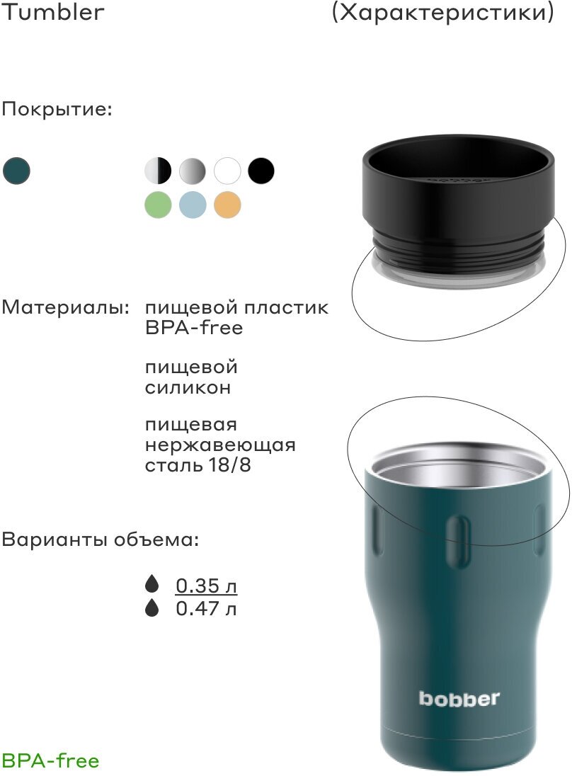 Термокружка Bobber Tumbler-350 0.35л. темно-бирюзовый/черный тубус - фотография № 2