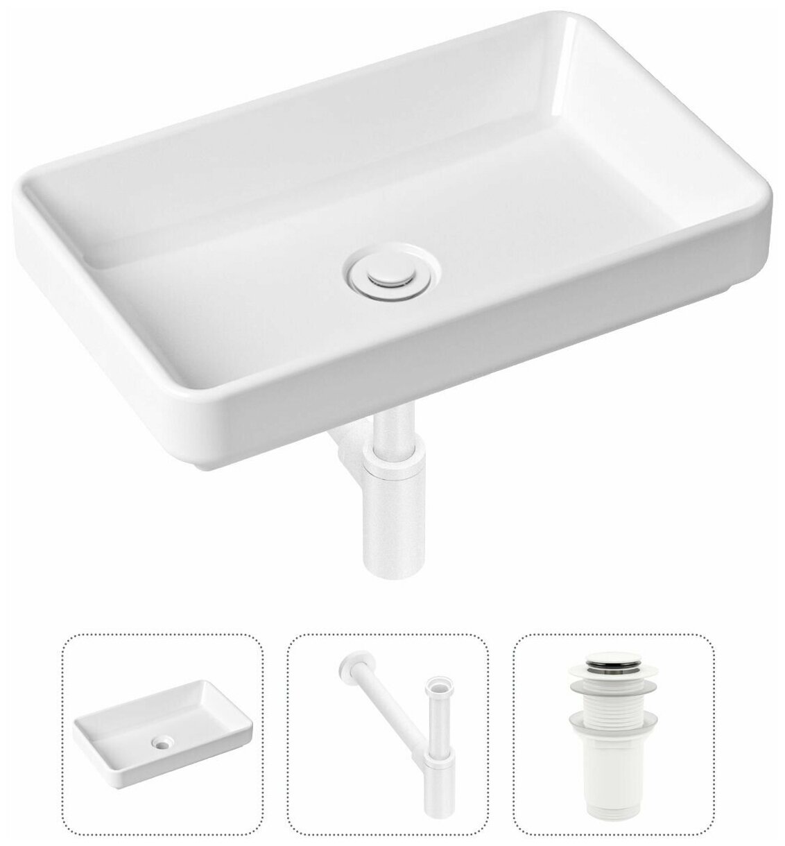 Накладная раковина в ванную Lavinia Boho Bathroom Sink Slim 21520121 в комплекте 3 в 1: умывальник белый, донный клапан и сифон в цвете матовый белый