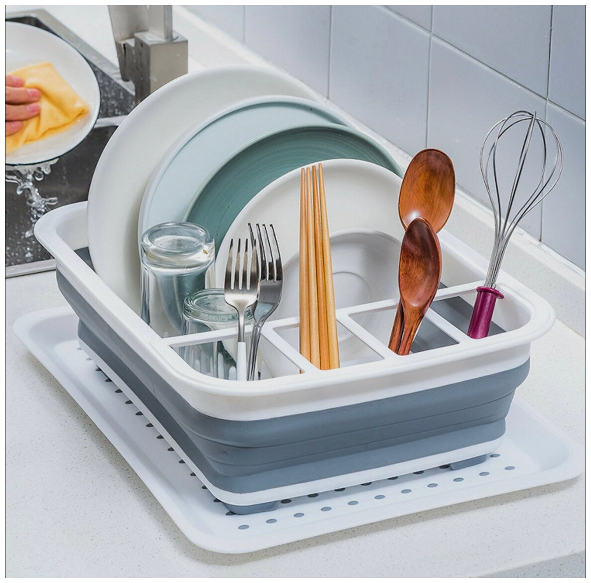 Cушилка для посуды складная силиконовая, Shiny Kitchen, для сушки посуды и приборов/ Дуршлаг складной - фотография № 1