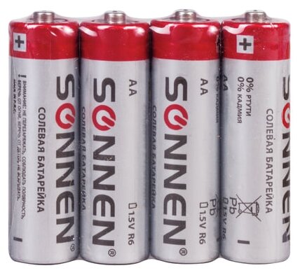 Батарейки комплект 4 шт, SONNEN, АА (R6, 15А), солевые, пальчиковые, в пленке, 451097