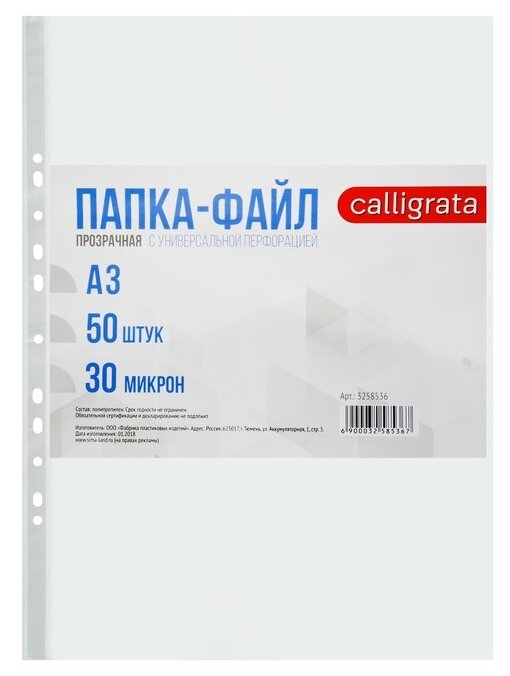 Calligrata Папка-файл А3, 30 мкм, глянцевые, 100 шт