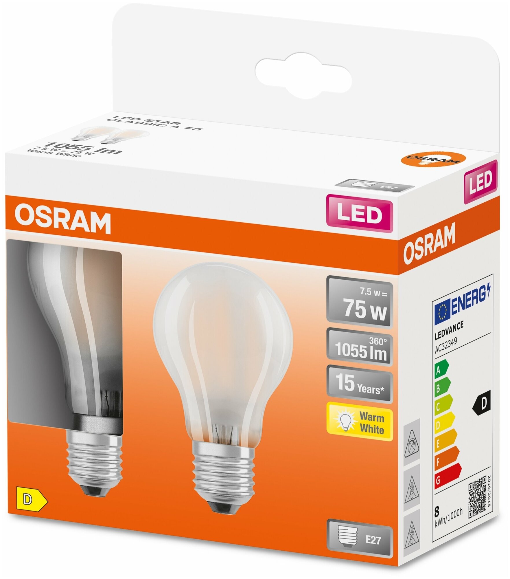 LEDSCLA75 7,5W/827 230VGL FR E27 Экопак1X2лампы OSRAM - филамент лампа