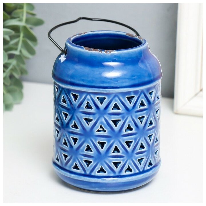 Подсвечник керамика на 1 свечу "Фонарь. Ромбы" синий 9х9х12 см - фотография № 2