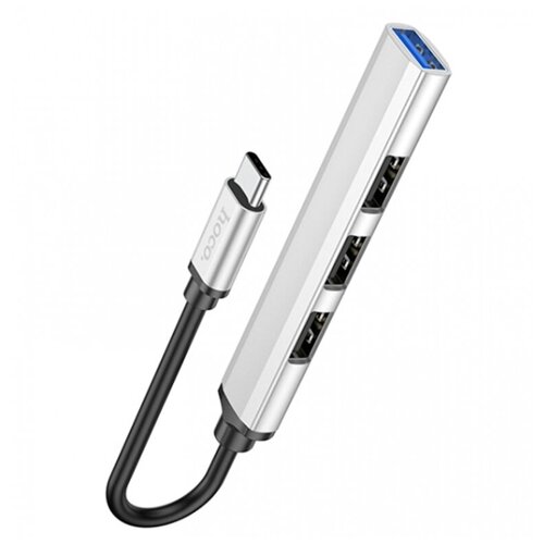USB HUB, Type-C - USB3.0+USB2.0*3 HOCO, HB26, 4 in 1, цвет: серебряный синяя упаковка