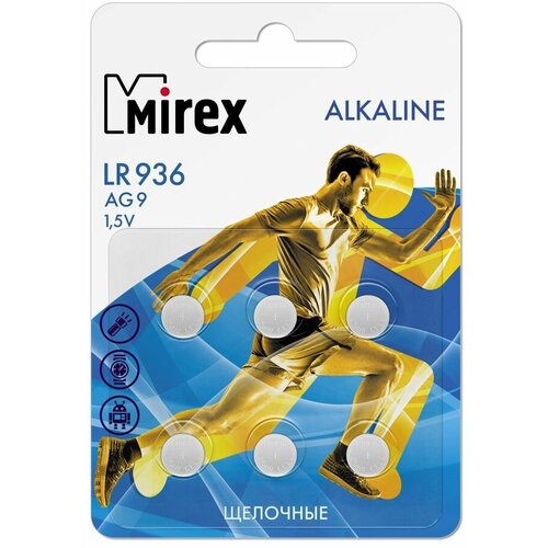 Батарейки щелочные Mirex AG9 / LR936 1,5V 6 шт батарейка smartbuy ag9 lr936 194 394 lr45 gp94a v9ga 1 5v 10 штук