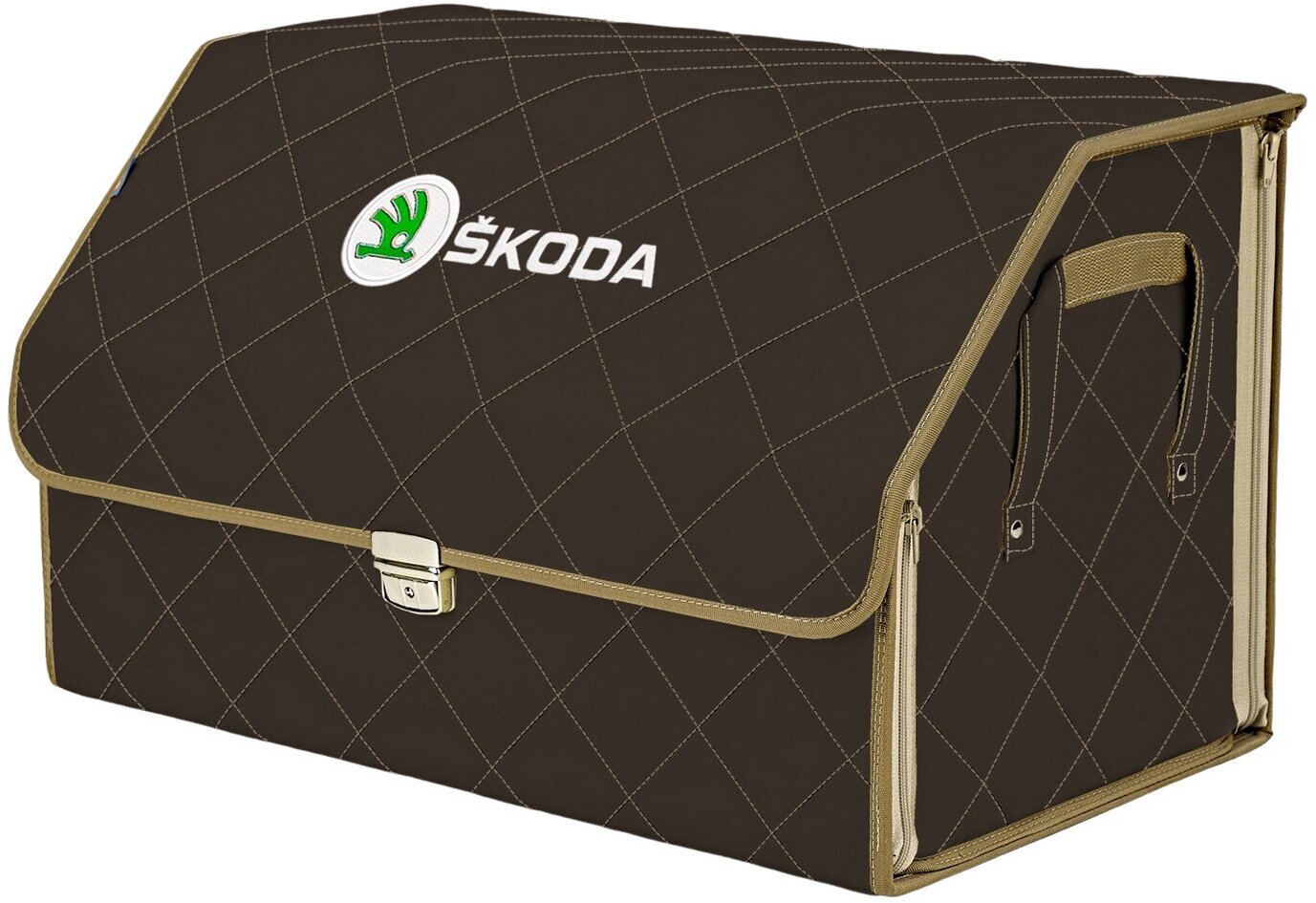 Органайзер-саквояж в багажник "Союз Премиум" (размер XL). Цвет: коричневый с бежевой прострочкой Ромб и вышивкой Skoda (Шкода).