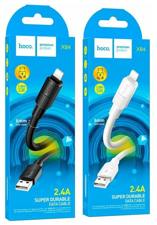 Кабель Hoco USB - Lightning экстра прочность / 1 метр 6 мм толщина / выход 2.4A зарядка и передача данных / черный