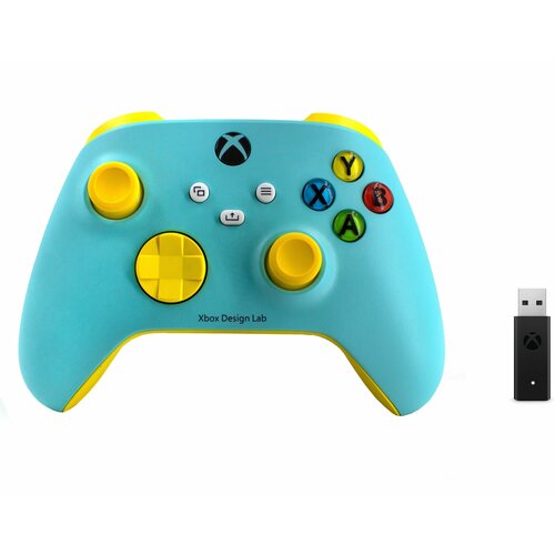 Геймпад Microsoft беспроводной Series S / X / Xbox One S / X Wireless Controller Design Lab голубой с желтым + Беспроводной адаптер - ресивер для ПК