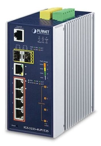 Промышленный коммутатор PLANET IP30 IGS-5225-4UP1T2S L2 + 4-портовый 10/100 / 1000T 802.3bt PoE + 1-портовый 10/100 / 1000T + 2-портовый управляемый коммутатор 100 / 1000X SFP