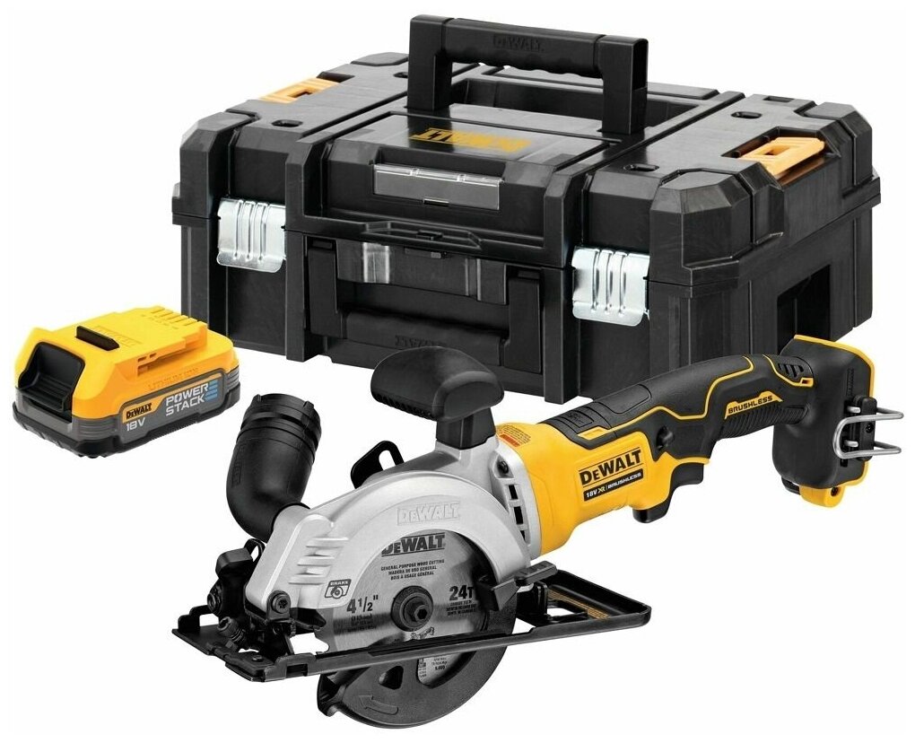 Циркулярная мини-пила DEWALT 18 В XR диск 115x9.5 мм, пропил 39.5 мм, батарея POWERSTACK, чемодан TSTAK, без з/у DCS571E1T-XJ - фотография № 6