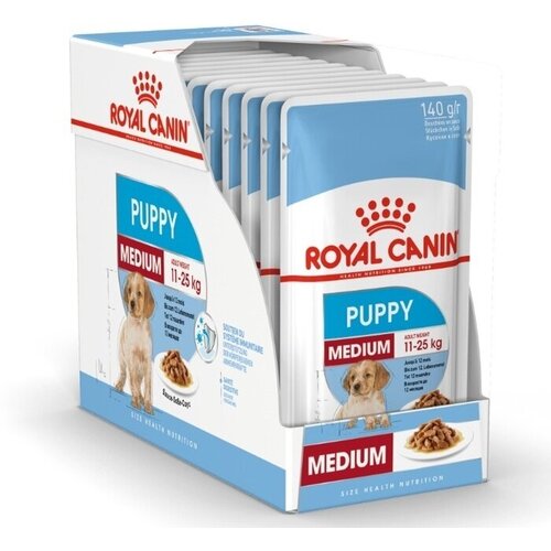 Влажный корм для щенков средних пород от 2 до 10 месяцев Royal Canin Medium Puppy, кусочки в соусе с мясом, 140 г х 10 шт