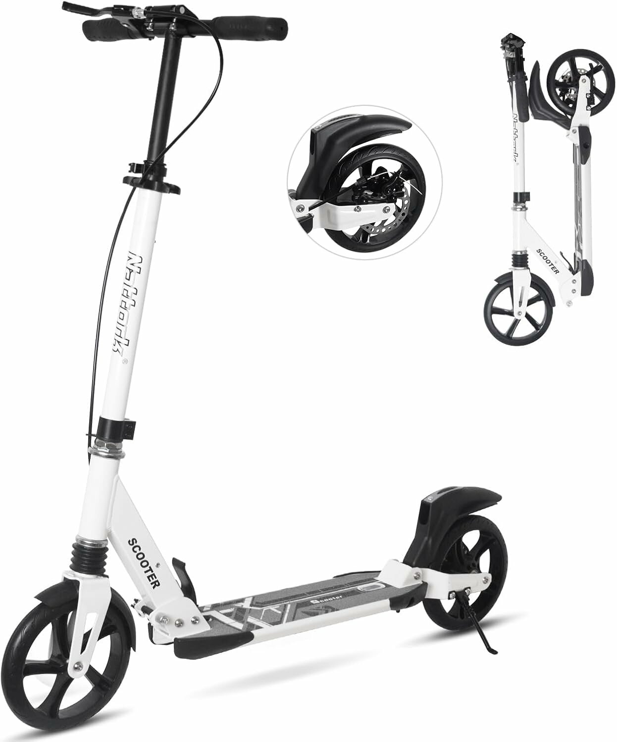 Самокат, до 80кг, амортизатор, дисковый тормоз, складной, резина