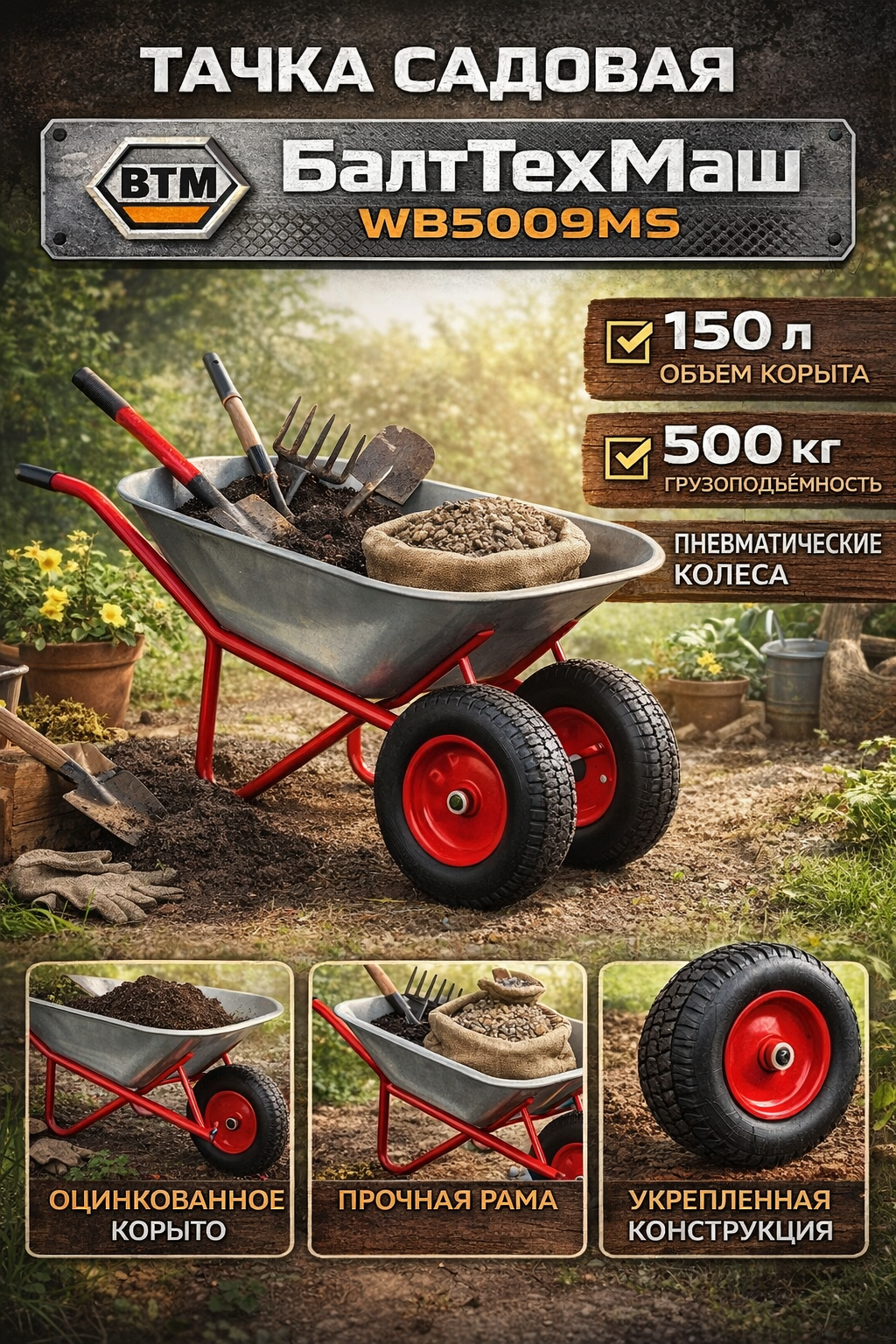 Тачка садовая БалтТехМаш WB5009MS пневматические колеса 150 л грузоподъемность 500кг