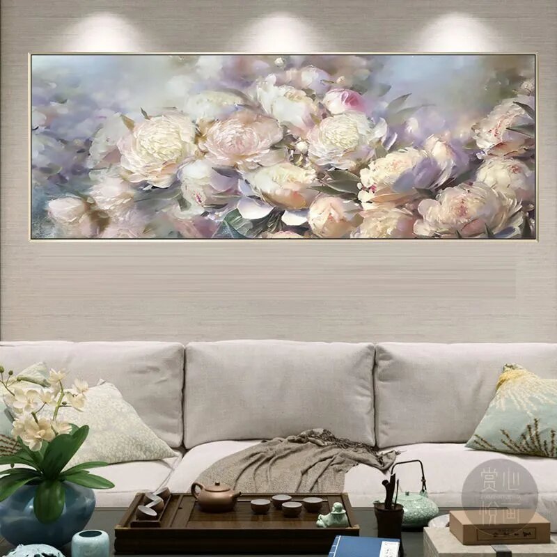 Алмазная мозаика большого размера на холсте 115 x 45(120 x 50) / картина с бриллиантами и стразами / "Пионы"