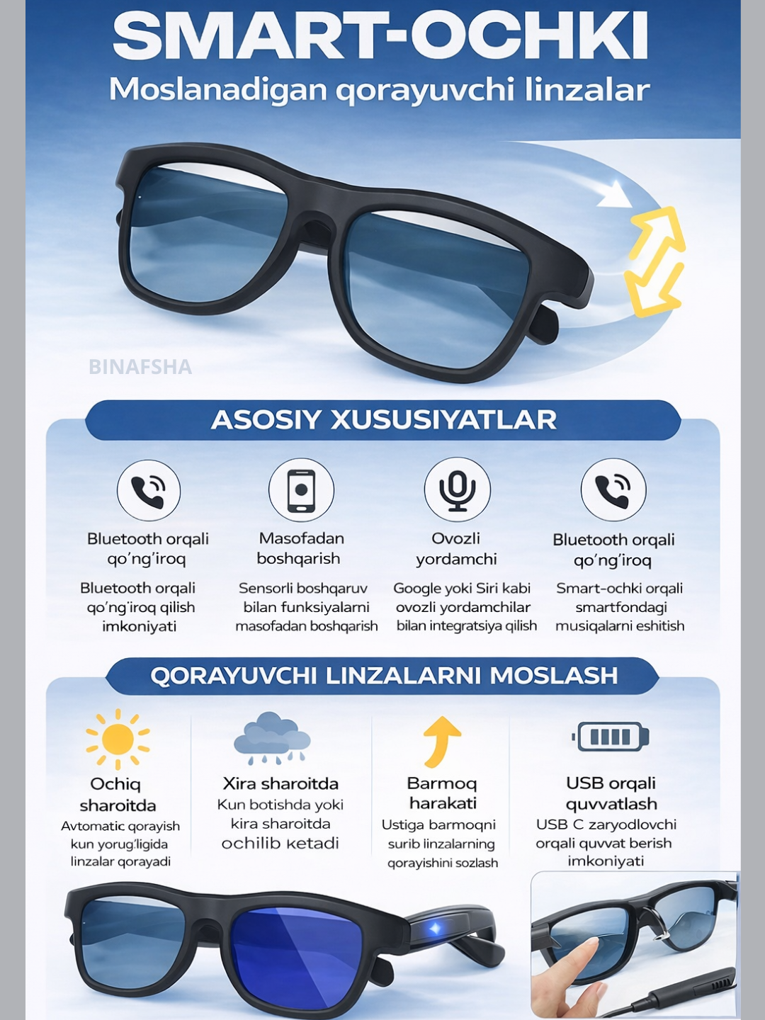 Очки GV-90, с AI-переводчиком, с затемняющимися линзами, Bluetooth