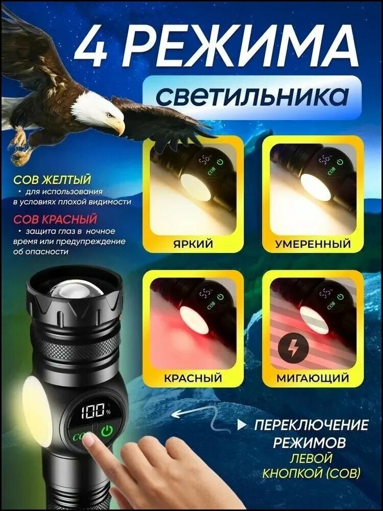Фонарь-прожектор, Фонарь ручной из алюминиевого сплава с аккумулятором и зарядкой для дома и поездок — фото 1