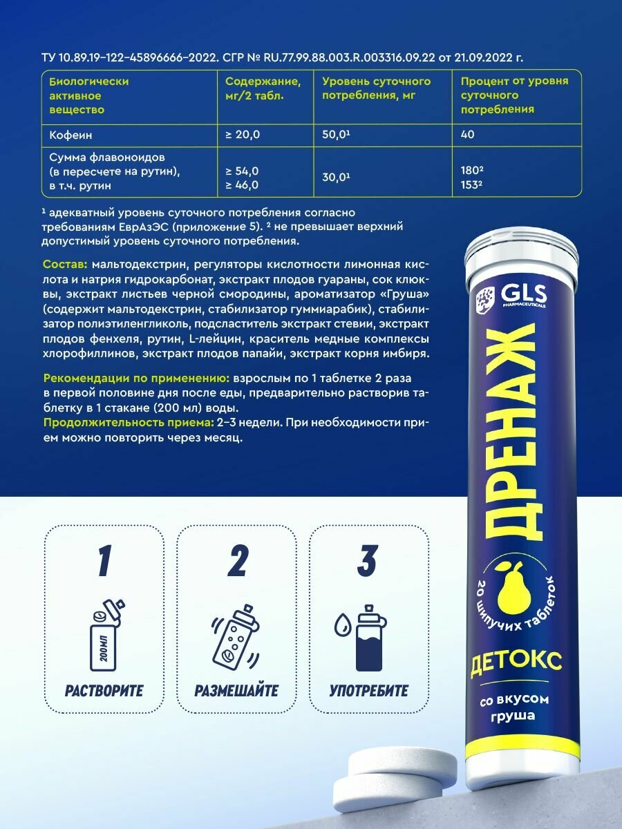 Дренажный напиток / Дренаж GLS мочегонное средство для похудения и детокса, 20 шипучих таблеток со вкусом груша (по 3,8 г) — фото 1
