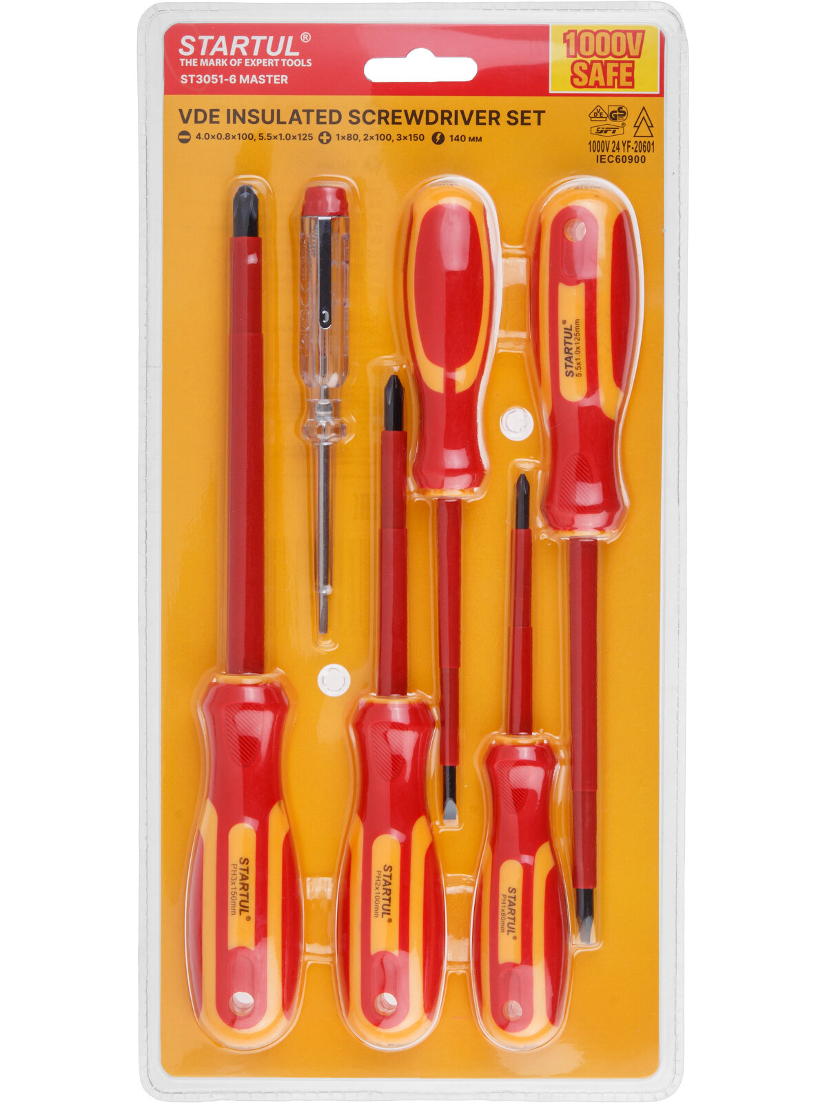 Набор отверток STARTUL ST3051-6, диэлектрический, 5 шт, 1000 В, с тестером — фото 1