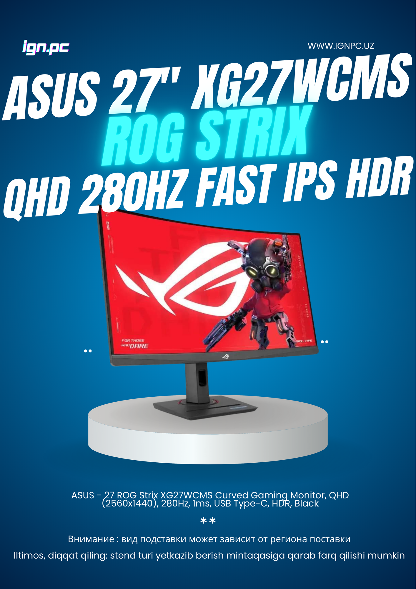 ASUS - 27 ROG Strix XG27WCMS Curved Gaming Monitor, QHD (2560x1440), 280Hz, 1ms, USB Type-C, HDR, Black